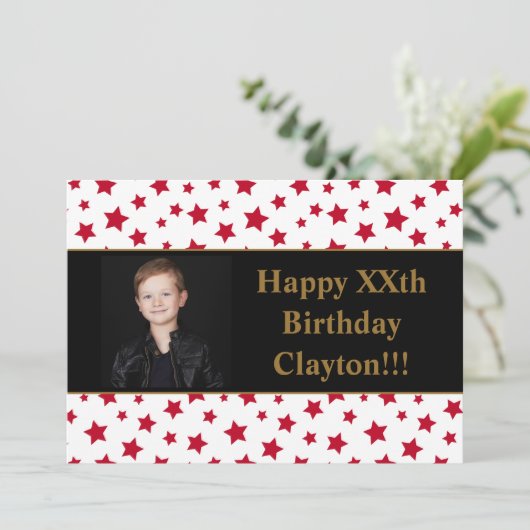 Rode sterren met berichtfoto van Birthday Party Kaart (Staand voorkant)