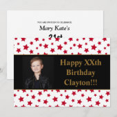 Rode sterren met berichtfoto van Birthday Party Kaart (Voorkant / Achterkant)