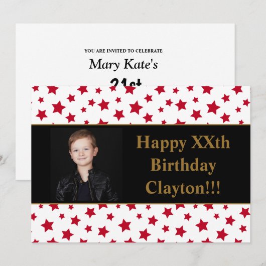 Rode sterren met berichtfoto van Birthday Party Kaart (Voorkant / Achterkant)