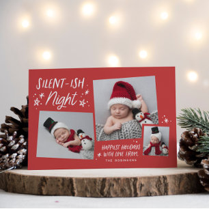 Rode sterren Stille Nacht 3 Foto Collage Baby Feestdagenkaart