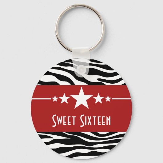 Rode sterren zebraprint Sweet 16-sleutelhanger Sleutelhanger (Voorkant)