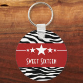 Rode sterren zebraprint Sweet 16-sleutelhanger Sleutelhanger (Voorkant)