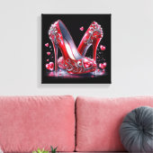 Rode Stiletto Hoge Hakken met Hartvormige Diamante Canvas Afdruk (Insitu (Woonkamer))