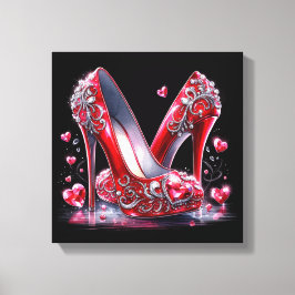 Rode Stiletto Hoge Hakken met Hartvormige Diamante Canvas Afdruk