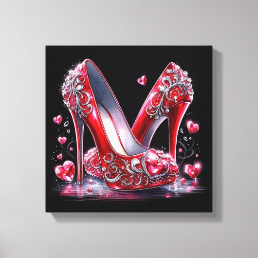 Rode Stiletto Hoge Hakken met Hartvormige Diamante Canvas Afdruk (Voorkant)