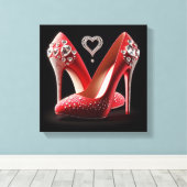 Rode Stiletto's met harten en diamanten Canvas Afdruk (Insitu (Houten vloer))