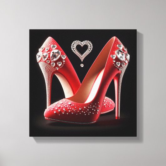 Rode Stiletto's met harten en diamanten Canvas Afdruk (Voorkant)