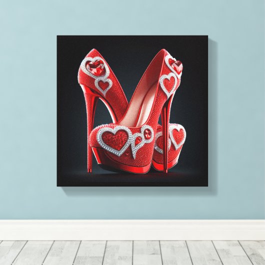 Rode Stiletto's met hartvormige diamanten Canvas Afdruk (Insitu (Houten vloer))