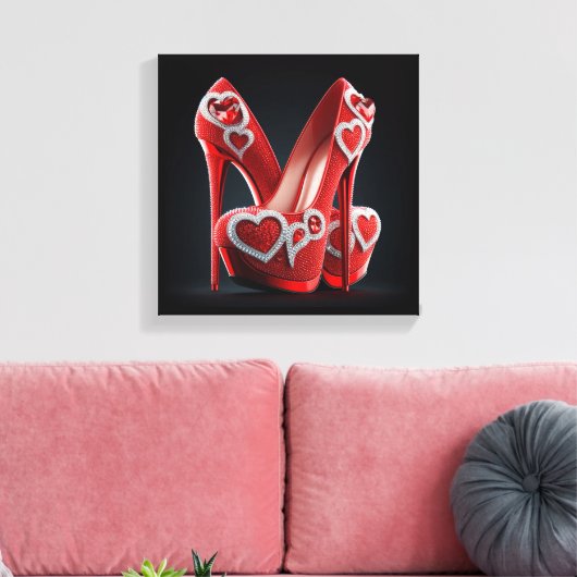 Rode Stiletto's met hartvormige diamanten Canvas Afdruk (Insitu (Woonkamer))