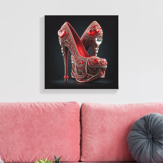 Rode Stiletto's met hartvormige diamanten Canvas Afdruk (Insitu (Woonkamer))