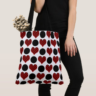 Rode Stip Harten en Zwarte Cirkels Patroon Tote Bag