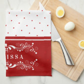 Rode Stippen &  Bloemen Swirls Lijst Monogram Theedoek (Quarter Fold)