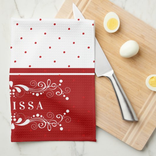 Rode Stippen &  Bloemen Swirls Lijst Monogram Theedoek (Quarter Fold)