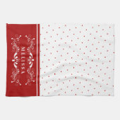 Rode Stippen &  Bloemen Swirls Lijst Monogram Theedoek (Horizontaal)
