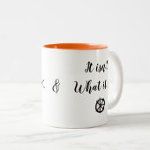 Rode stippen LOGO, "Het is..." WIT met SINAASAPPEL Tweekleurige Koffiemok (Voorkant rechts)