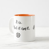 Rode stippen LOGO, "Het is..." WIT met SINAASAPPEL Tweekleurige Koffiemok (Voorkant links)