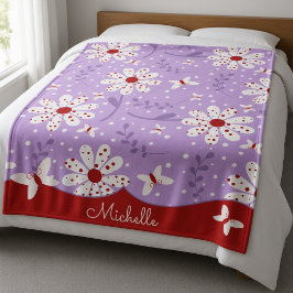Rode Stippen Witte Bloemen Op Paars Fleece Deken