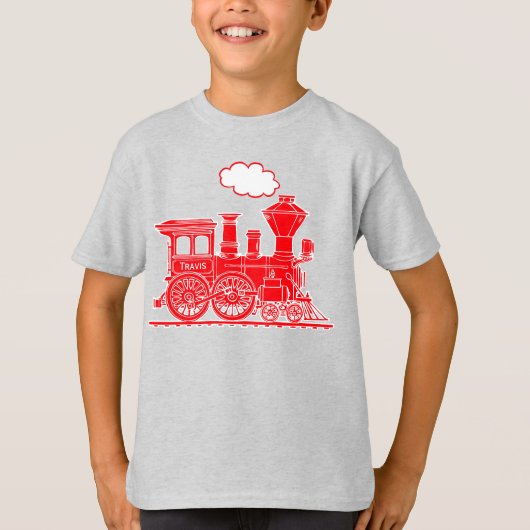 Rode stoomlocomotief jouw naam kinder t-shirt (Voorkant)