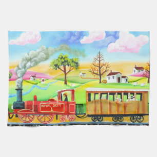 Rode stoomtrein naïef volkskunstschilderij theedoek