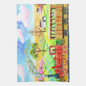 Rode stoomtrein naïef volkskunstschilderij theedoek (Verticaal)