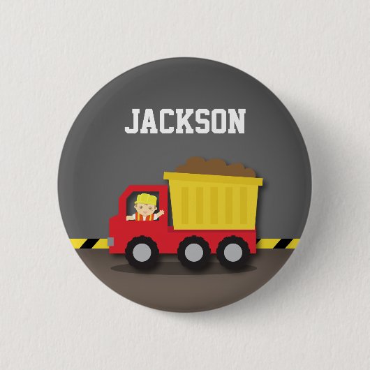 Rode stortwagen bouwvakker jongen ronde button 5,7 cm (Voorkant)