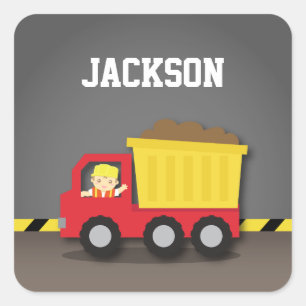 Rode stortwagen bouwvakker jongen vierkante sticker