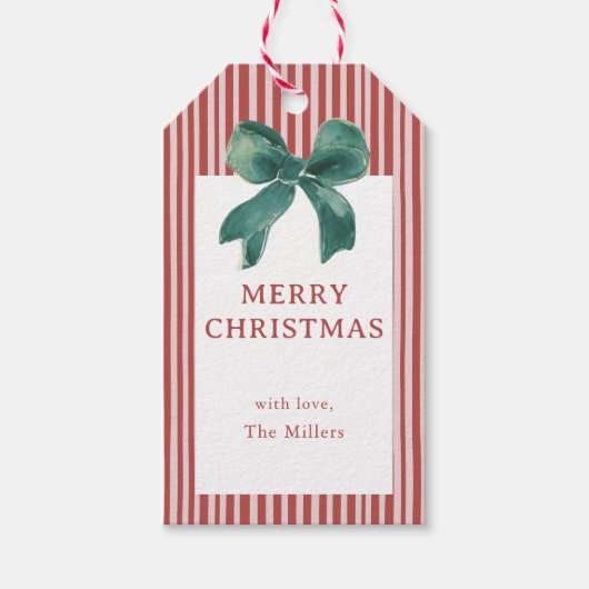 Rode Streep Groene Strik Kerst Cadeau Labels Cadeaulabel (Voorkant)