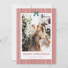 Rode Streep Groene Strik Kerst Foto Vakantiekaart Feestdagenkaart