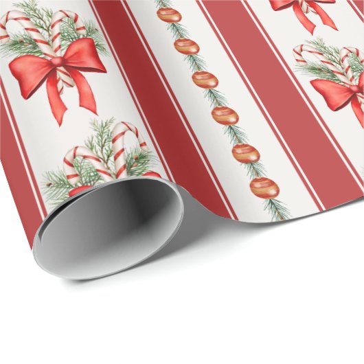 Rode strepen bogen snoepriet kerst cadeaupapier (Rol Hoek)