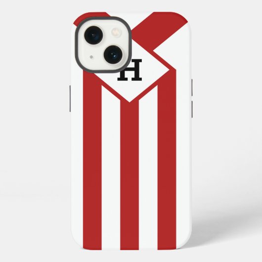 Rode strepen en chevrons met monogram op wit iPhone hoesje (Achterkant)