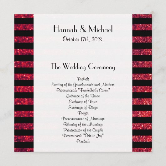 Rode strepen, glazige strips, lijnen, bruiloft programmakaart (Voorkant)