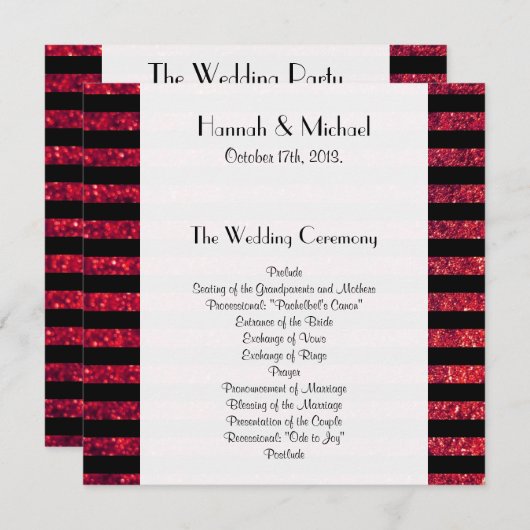 Rode strepen, glazige strips, lijnen, bruiloft programmakaart (Voorkant / Achterkant)