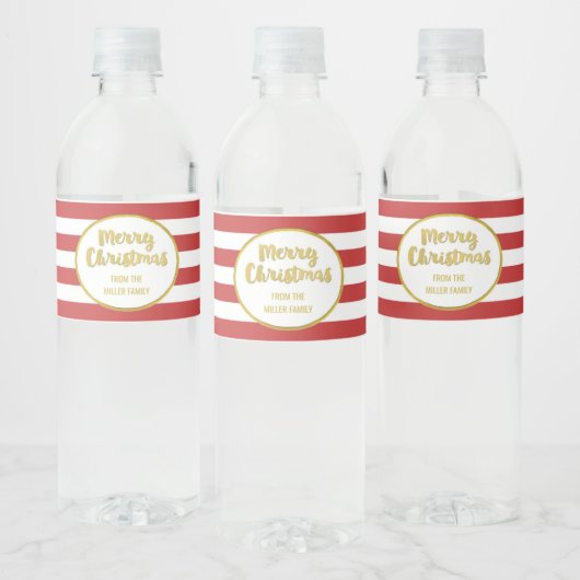 Rode Strepen Goud Aangepaste Vrolijke Kerstmis Waterfles Etiket (Flessen)