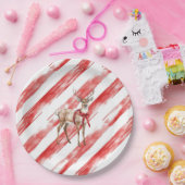 Rode Strepen Herten Kerst Pillar Candle Papieren Bordje (Feest)