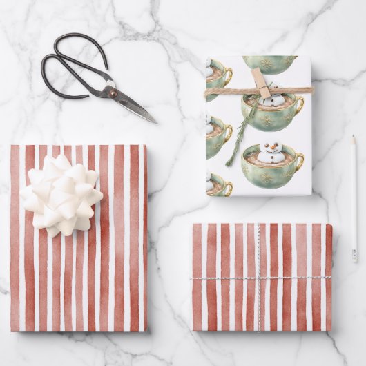 Rode Strepen Kerst Happy Marshmallow Inpakpapier Vel (Voorkant)