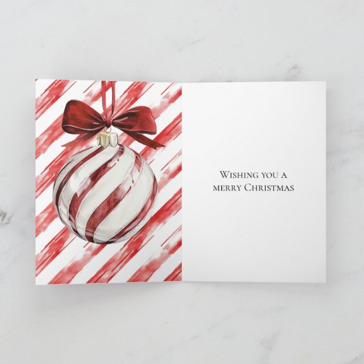 Rode strepen Kerstbal met strik Kaart (Binnen)