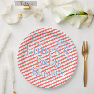 Rode strepen & lichtblauwe lint baby shower papieren bordje