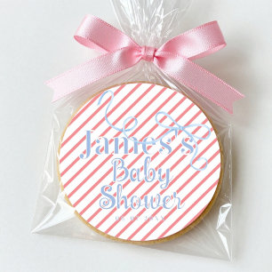 Rode strepen & lichtblauwe lint baby shower ronde sticker