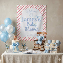 Rode strepen & lichtblauwe lint baby shower