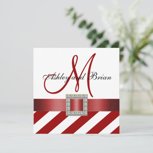 Rode strepen, lint, uitnodiging voor monogram huwe (Staand voorkant)
