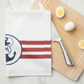 Rode strepen met blauwe anker en monogram theedoek (Quarter Fold)