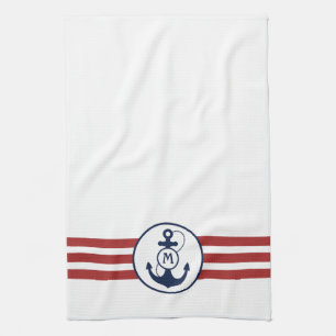 Rode strepen met blauwe anker en monogram theedoek