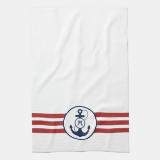 Rode strepen met blauwe anker en monogram theedoek