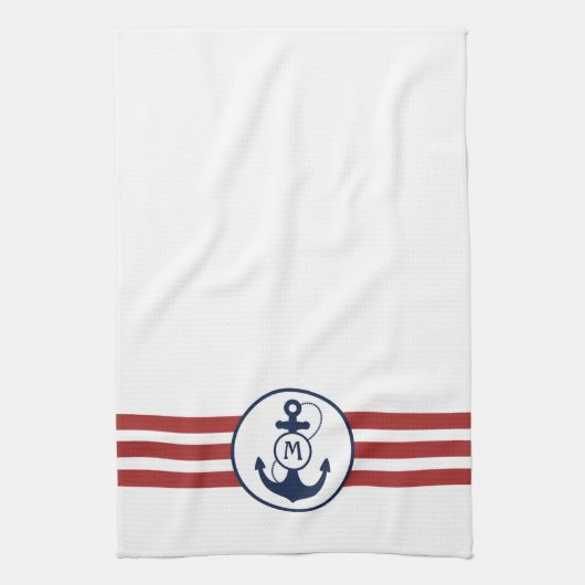 Rode strepen met blauwe anker en monogram theedoek (Verticaal)