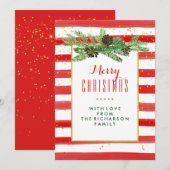Rode strepen met dennen en goud | vrolijk kerstfee feestdagenkaart (Voorkant / Achterkant)
