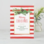 Rode strepen met dennen en goud | vrolijk kerstfee feestdagenkaart (Staand voorkant)