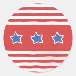Rode strepen op wit met noodlijdende blauwe sterre ronde sticker