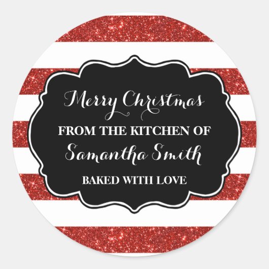 Rode strepen voor kerstbakkerij ronde sticker (Voorkant)