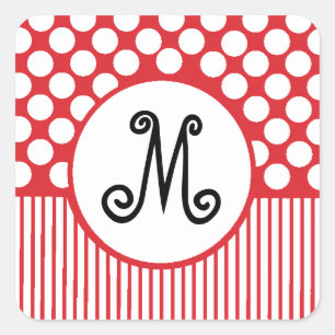 Rode Strepen & Witte Stippen Monogram Vierkante Sticker
