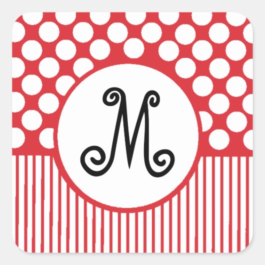 Rode Strepen & Witte Stippen Monogram Vierkante Sticker (Voorkant)